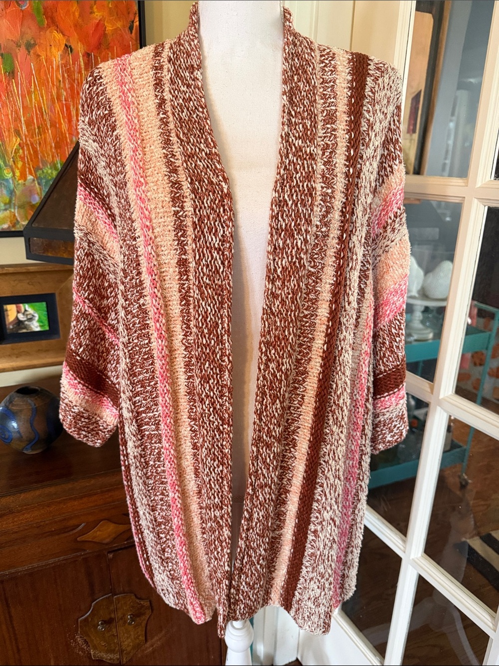 J.Jill Women’s Open-Front Striped Knit Cardigan - Pink & Brown